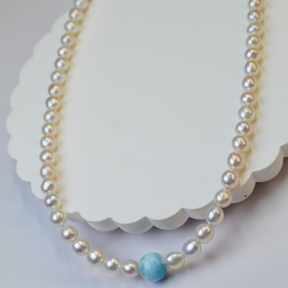 Larimar & Freshwater AK Pearl Necklace 18-20" Sterling Silver - Picture 5 of 8
